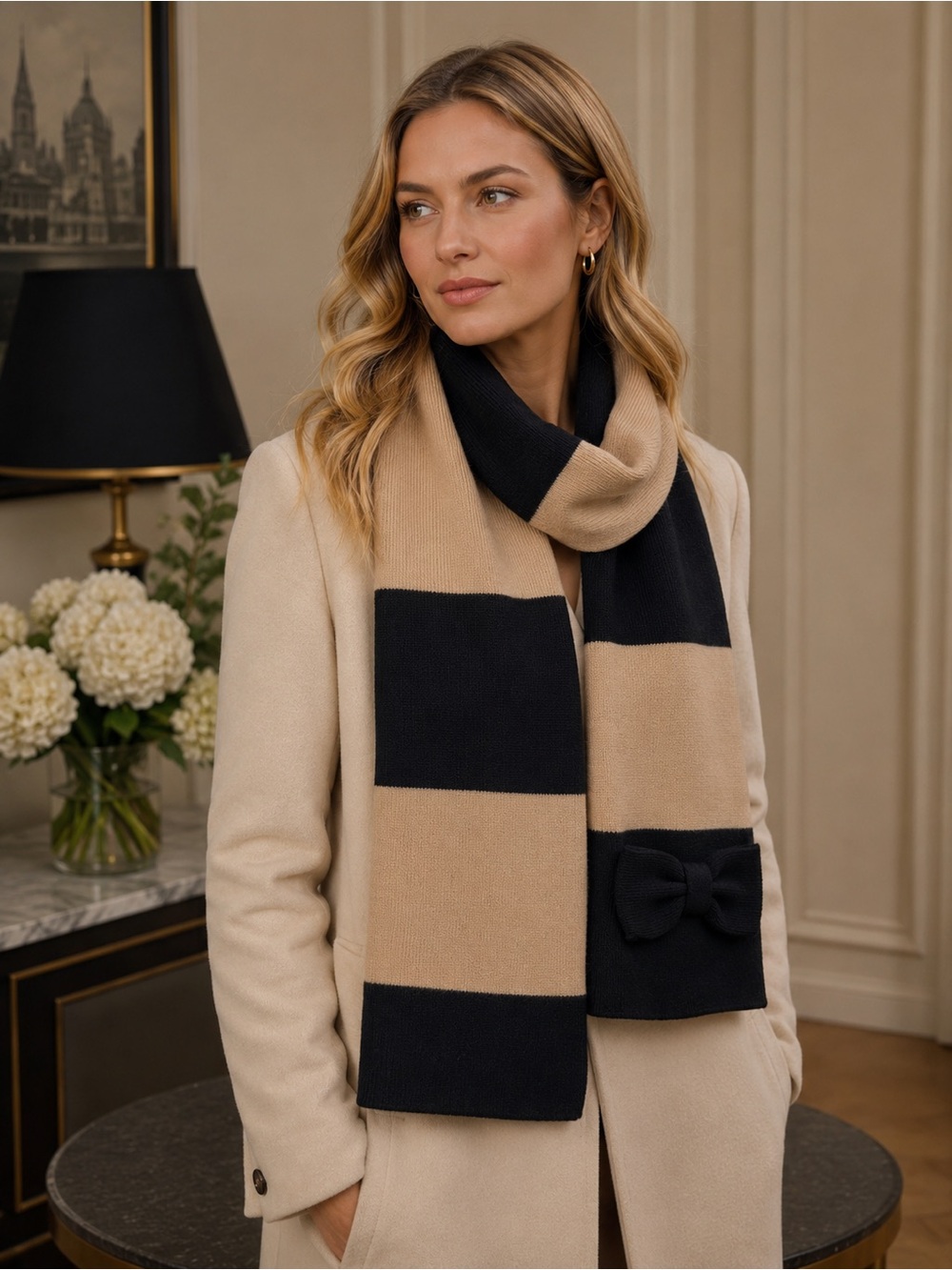 Kate Spade‎ New York 100% Wool Striped Bow Scarf Tan Black Designer Winter Wrap